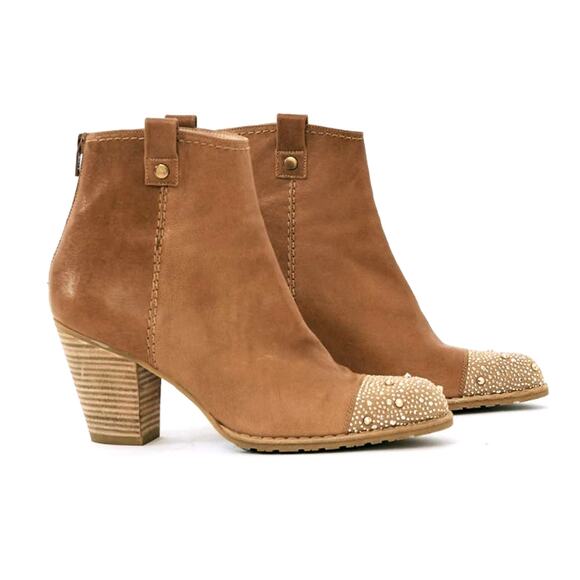Stuart Weitzman 7.5 Rhinestone Studded Western Ankle Boots Leather Cowboy Brown - Picture 1 of 11